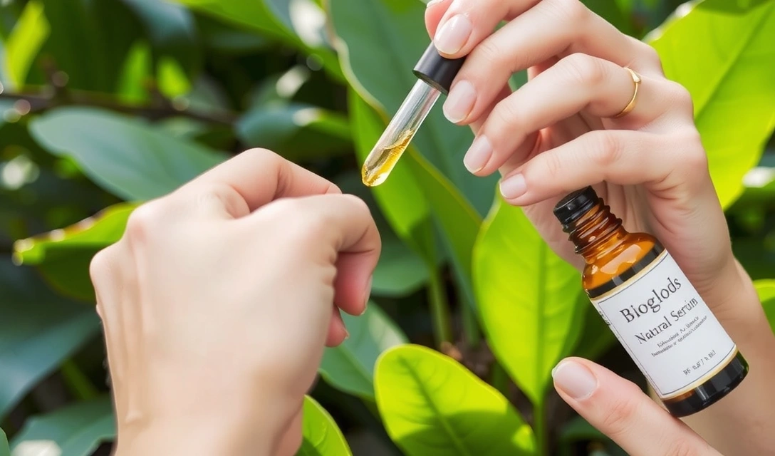 Persona aplicando suero en la piel con hojas verdes de fondo