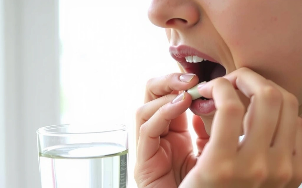 Persona tomando suplementos con un vaso de agua por la mañana.
