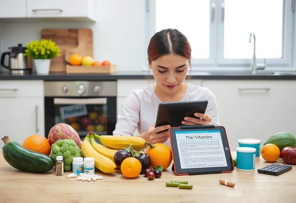 Mujer leyendo sobre vitaminas en una tableta