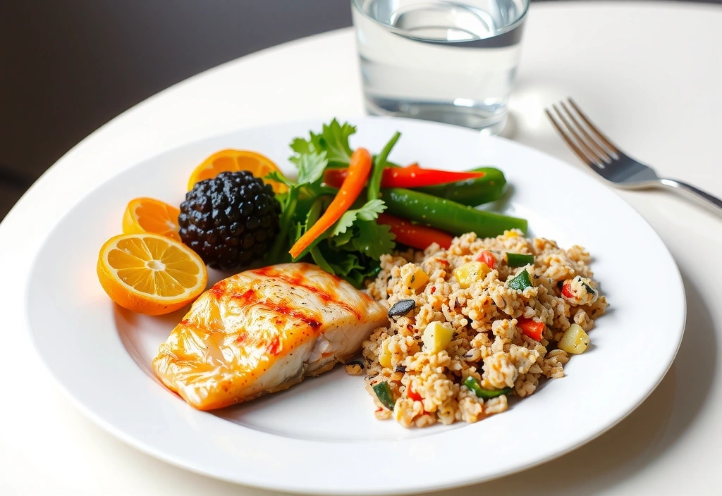 Plato con comida saludable y un vaso de agua