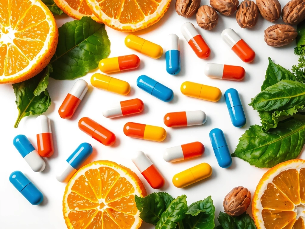 Ilustración de diversas vitaminas en cápsulas y alimentos